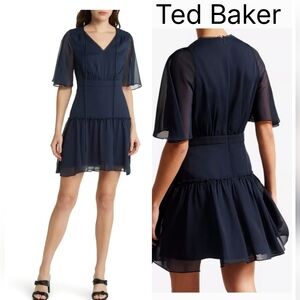 Ted Baker Navy V-Neck Chiffon Tiered Mini Dress with Flutter Sleeves Sz 6us